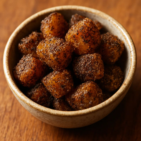 Spice-coated amla candy chaat bites in a ceramic bowl with chaat masala dusting