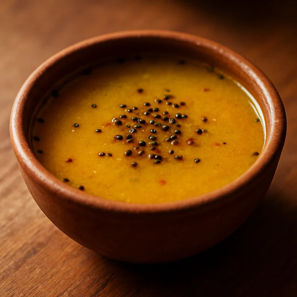 Thin golden-yellow amla rasam in a clay bowl with mustard seed tadka on a wooden surface