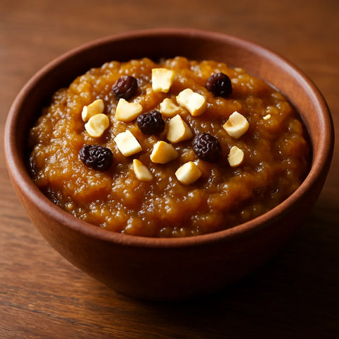 Deep golden-brown jowar halwa in a clay bowl topped with cashews and dark raisins