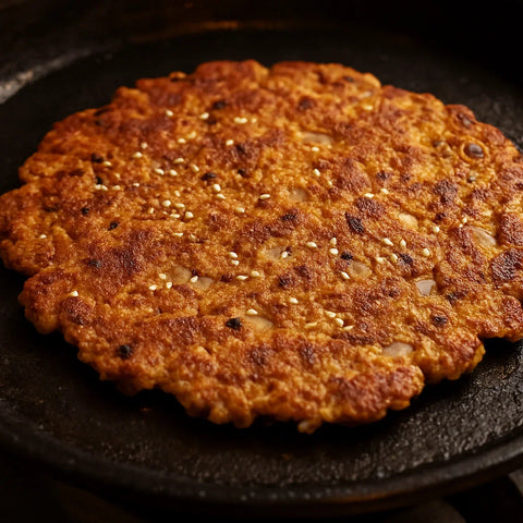 Golden-brown crispy jowar thalipeeth on a cast iron tawa with sesame seeds and onion visible