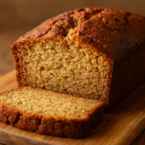 Sliced khapli wheat banana bread on a wooden board showing golden-brown moist crumb