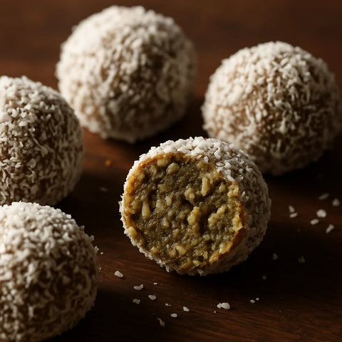 Coconut-coated moringa energy balls on a dark board with one cut to show deep olive-green interior