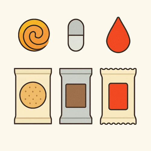 Three additive types illustrated - emulsifiers, preservatives, and artificial food colors - shown above packaged snack products they are commonly found in