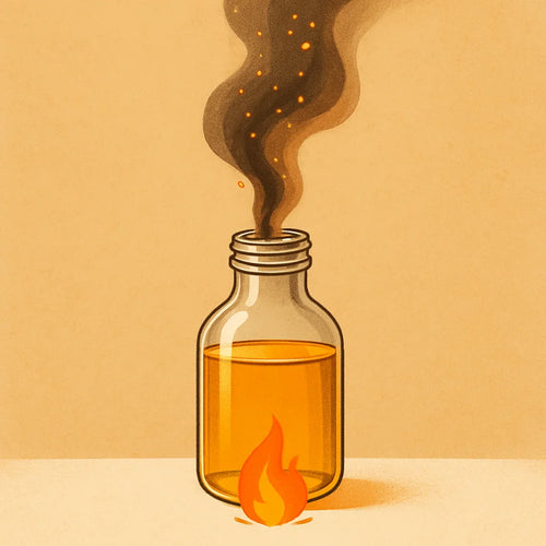 Cold-pressed oil bottle with flame beneath and nutrients dispersing as smoke showing how heat destroys nutritional value in cooking oils