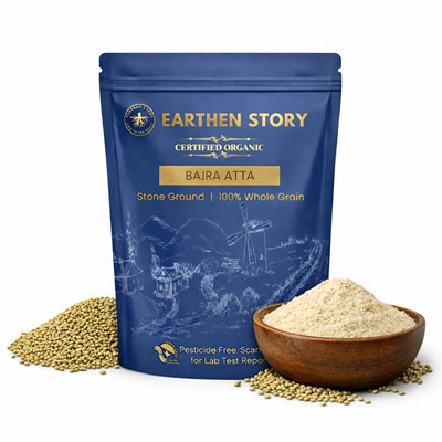 Earthen Story certified organic Bajra Atta stone ground flour in blue pouch with whole grain and raw seeds displayed