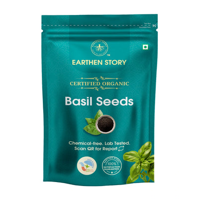 Earthen Story Certified Organic Basil Seeds in resealable teal pouch with basil leaves and seeds imagery