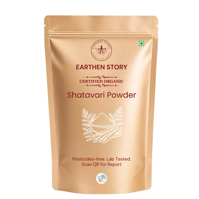 Earthen Story Certified Organic Shatavari Powder in kraft pouch with product illustration and QR code