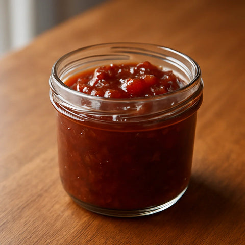 Glass jar of amla candy honey chutney on a wooden surface, a quick immunity-boosting condiment