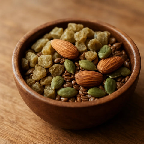 Trail mix with naturally dried olive-green amla berry pieces, mamra almonds and mixed seeds in a wooden bowl