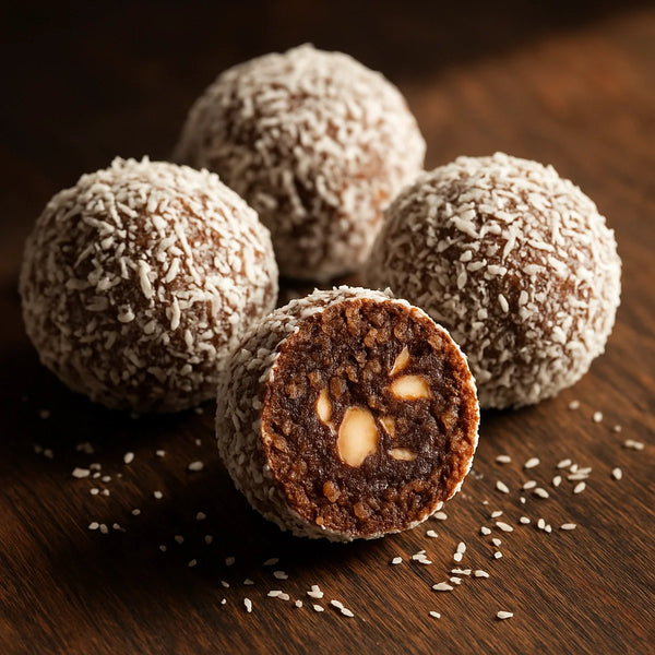 Ashwagandha date bliss balls coated in coconut on a dark board with one cut to show dark interior