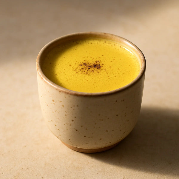 Warm golden ashwagandha turmeric milk in a ceramic cup with light froth on a stone surface