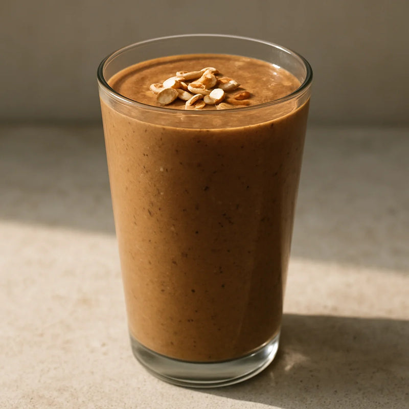 Thick creamy brown ashwagandha banana smoothie in a tall glass topped with chopped mamra almonds