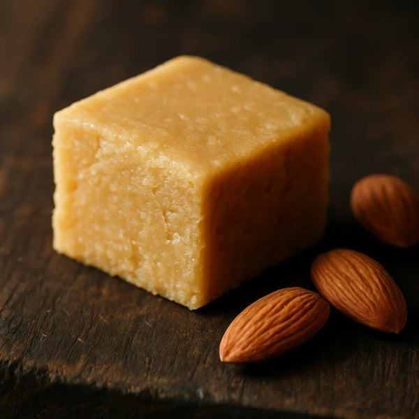 Golden square of traditional badam pak almond fudge on a dark wooden board