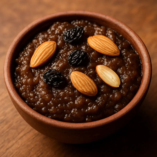 Deep brown bajra halwa in a clay bowl garnished with almonds and raisins