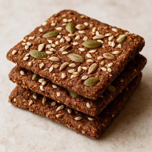 Stack of dark brown bajra sesame crackers on stone with mixed seeds visible on surface