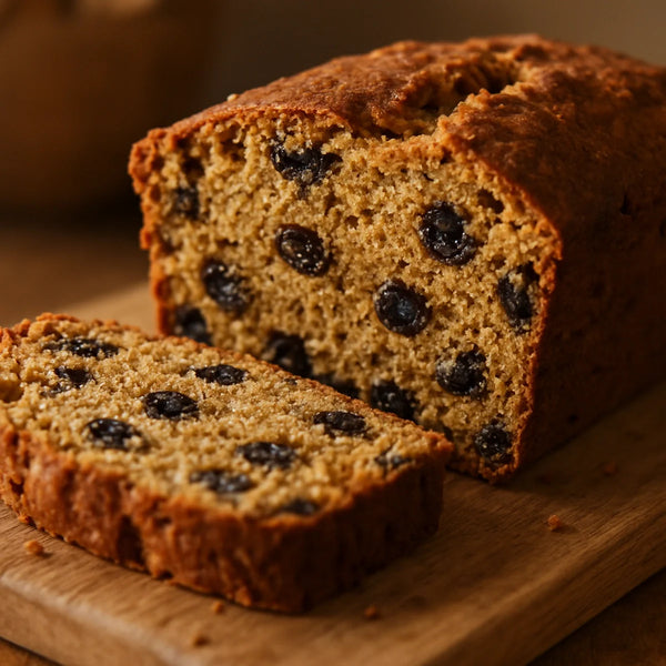 Sliced barley banana breakfast cake on a wooden board showing golden crumb with black raisins