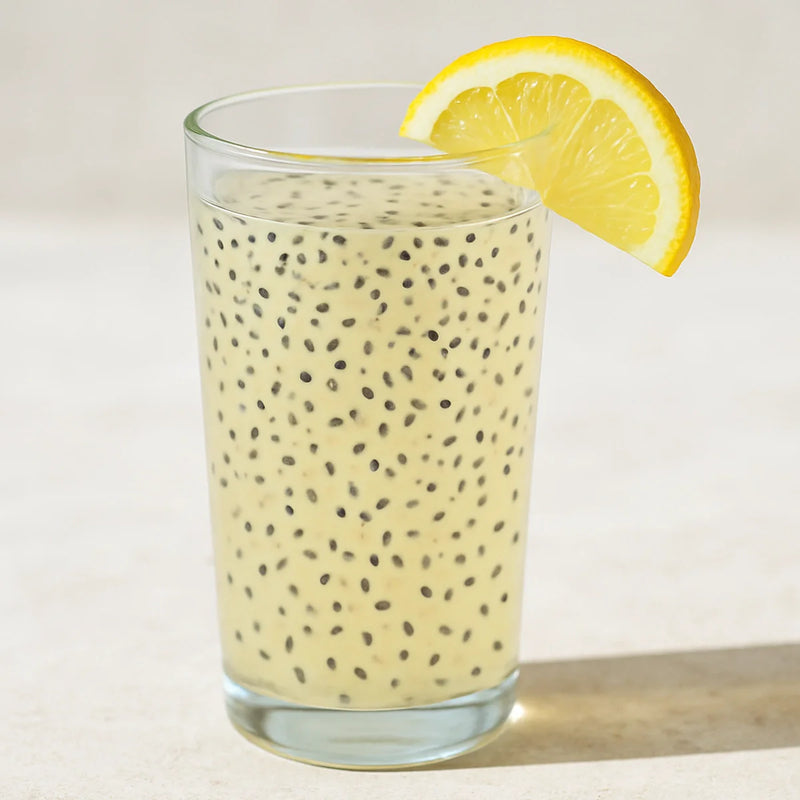 Pale lemon-yellow water in a tall glass with bloomed black sabja seeds with white gel coating and a lemon wedge