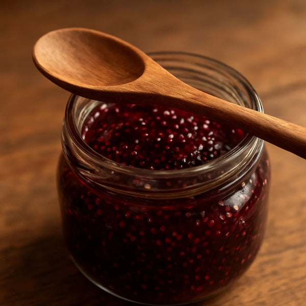 Deep red-purple chia seed berry jam in a small open glass jar with a wooden spoon showing seed texture