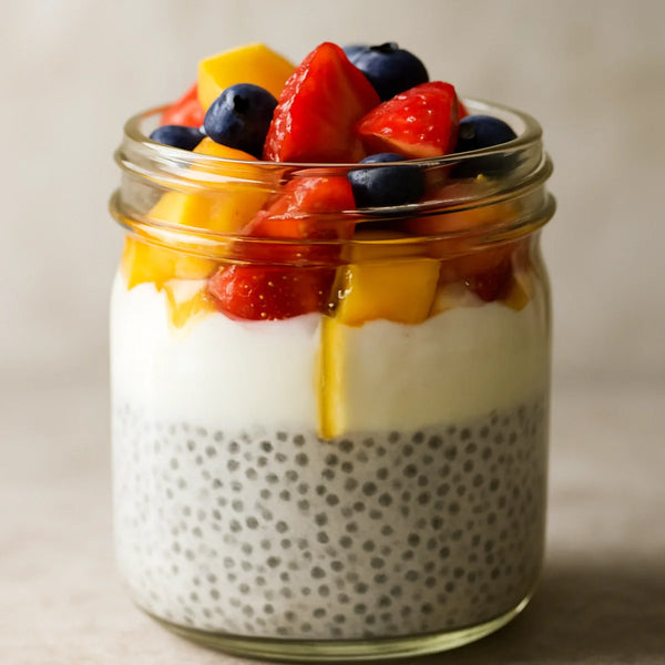 Layered chia breakfast parfait in a glass jar showing chia pudding, yoghurt and fresh fruit layers