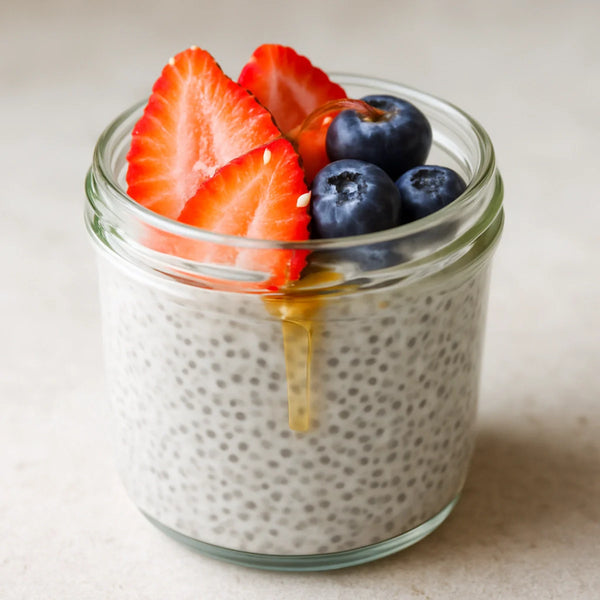 Set pale grey-white chia pudding in a glass jar topped with fresh fruit and honey drizzle