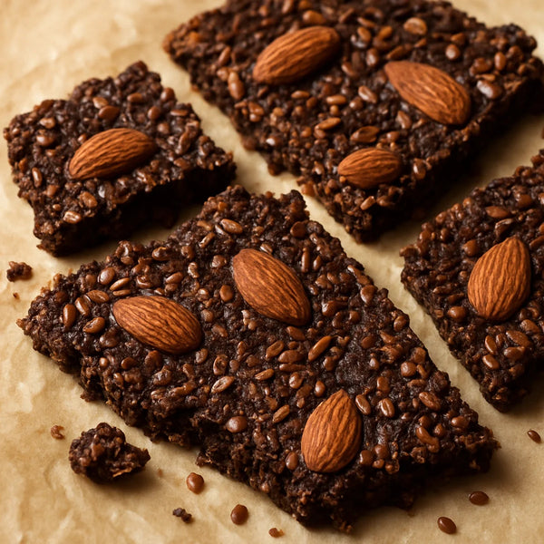 Dark brown coconut almond bark pieces on parchment with whole almonds and flax seeds embedded throughout