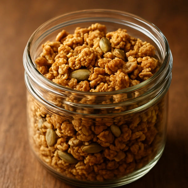Golden clustered coconut oil granola in a wide glass jar with visible oat clusters and mixed seeds