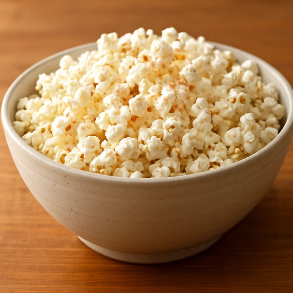 Wide ceramic bowl overflowing with freshly popped white popcorn with pink salt on a wooden surface