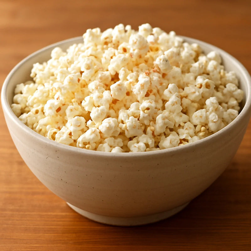 Wide ceramic bowl overflowing with freshly popped white popcorn with pink salt on a wooden surface