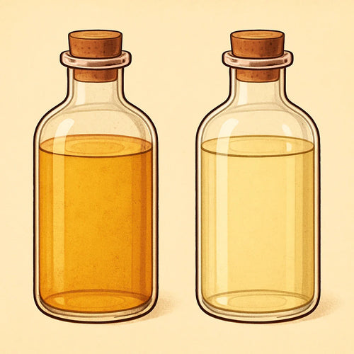 Two oil bottles contrasting cloudy natural cold-pressed oil with clear refined oil