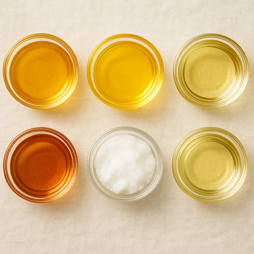 Six Indian cooking oils in glass vessels showing the color and variety of oils used in Indian cooking