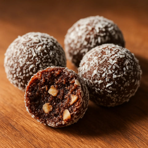 Dark brown medjool date and mamra almond energy bites on a wooden board with one broken to show dense interior