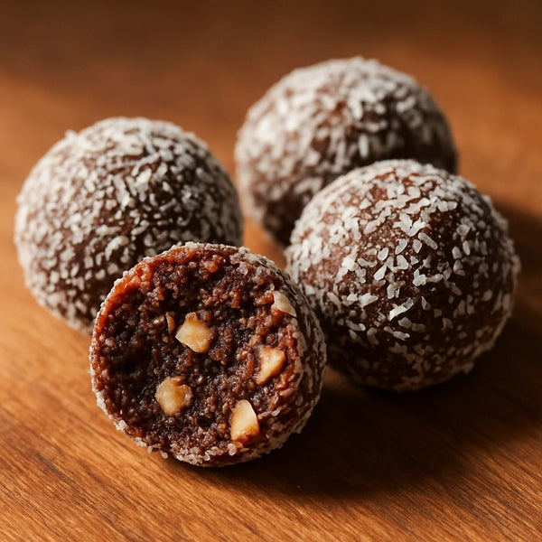 Dark brown medjool date and mamra almond energy bites on a wooden board with one broken to show dense interior