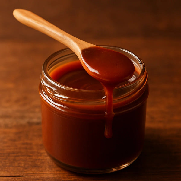 Smooth deep amber-brown medjool date caramel dip in an open glass jar with a dripping wooden spoon