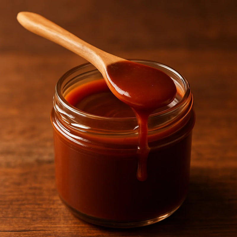 Smooth deep amber-brown medjool date caramel dip in an open glass jar with a dripping wooden spoon
