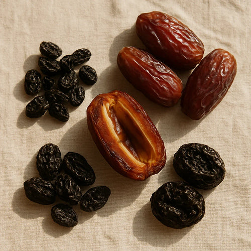 Medjool dates, black raisins, kalmi dates, and prunes showing natural dry fruit energy sources