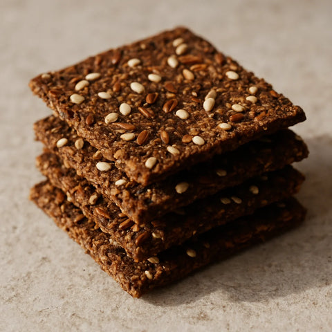 Stack of thin dark brown flaxseed crackers on stone with visible flax and sesame seeds on surface