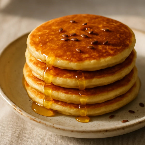 Stack of golden-brown flaxseed pancakes on a ceramic plate with honey drizzle and flax seeds