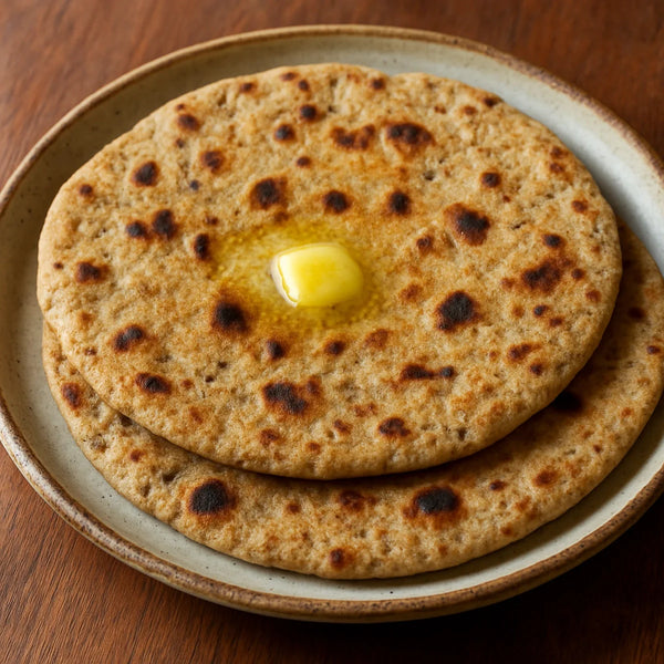 Whole wheat flaxseed rotis on a ceramic plate with melting ghee and natural charred spots