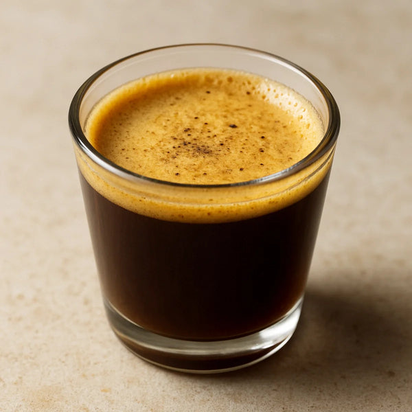 Deep brown ghee coffee in a small cup with a golden frothy layer and cardamom dusting on top