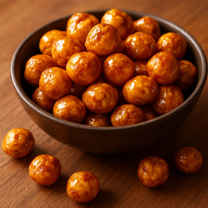 Amber jaggery-glazed makhana fox nuts in a wide bowl with a few scattered on a wooden surface