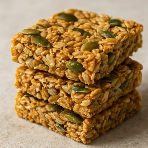 Golden sunflower and pumpkin seed granola bars stacked on stone with visible seeds and oats