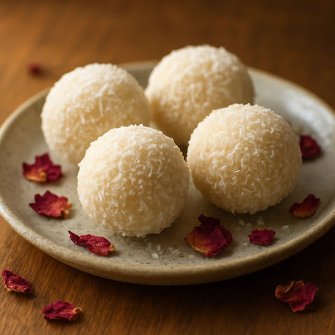 White desiccated coconut ladoos on a ceramic plate with dried rose petals scattered around