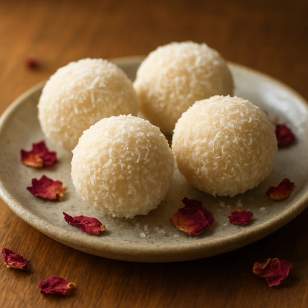 White desiccated coconut ladoos on a ceramic plate with dried rose petals scattered around