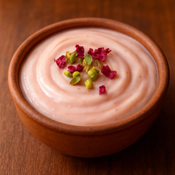 Thick pale blush-pink gulkand shrikhand in an earthenware bowl with pistachio and rose petal garnish