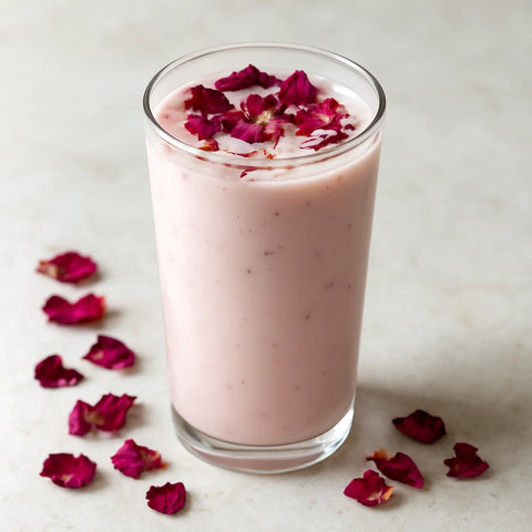 Pale blush-pink gulkand thandai in a tall glass with saffron strands and dried rose petal garnish