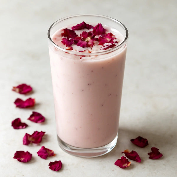 Pale blush-pink gulkand thandai in a tall glass with saffron strands and dried rose petal garnish