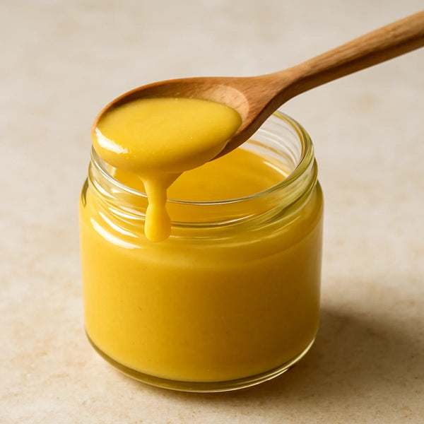 Smooth golden-yellow honey mustard sauce in a small open glass jar with a dripping wooden spoon