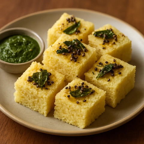 Pale yellow steamed jowar dhokla squares with mustard seed tadka and green chutney on a wooden surface