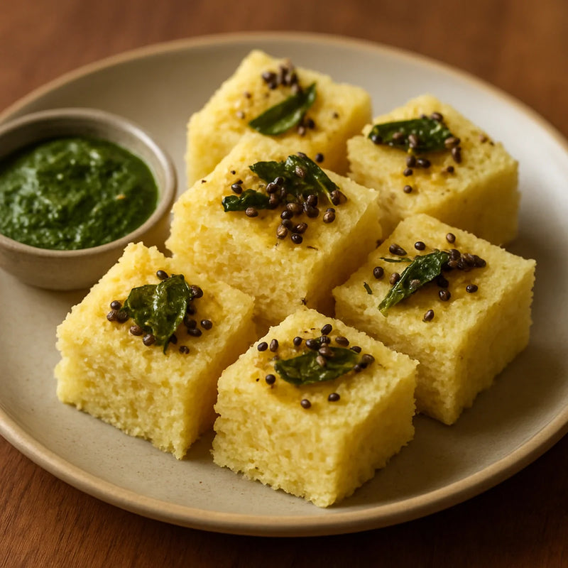 Pale yellow steamed jowar dhokla squares with mustard seed tadka and green chutney on a wooden surface