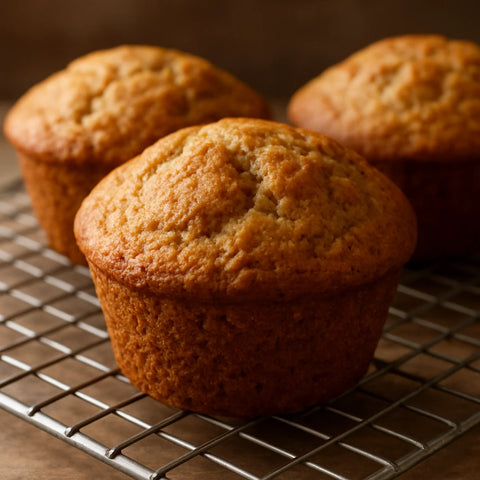 Golden-brown jowar banana muffins on a wire cooling rack with domed cracked tops